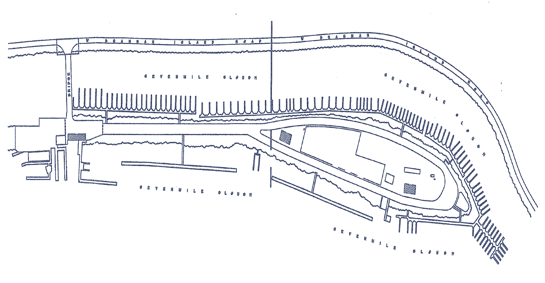 Hand-drawn plan of Brother's Island Marina — docks on Sevenmile Slough, the launch ramp, and the camping island