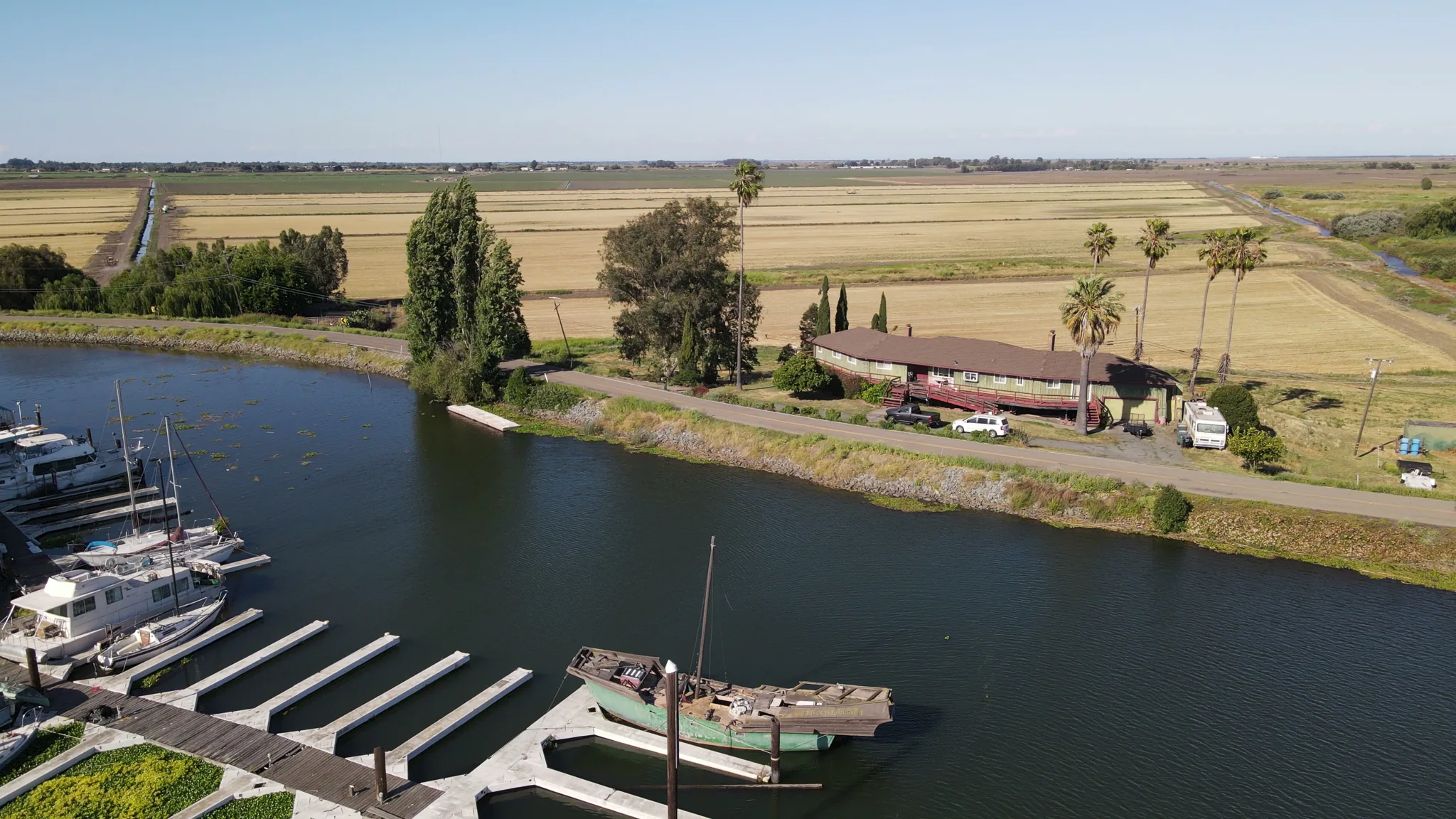 Aerial view of Brother's Island Marina — campground, boats, docks