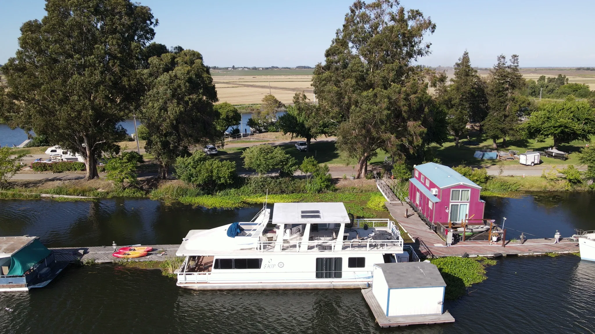 Aerial view of Brother's Island Marina — campground, boats, docks